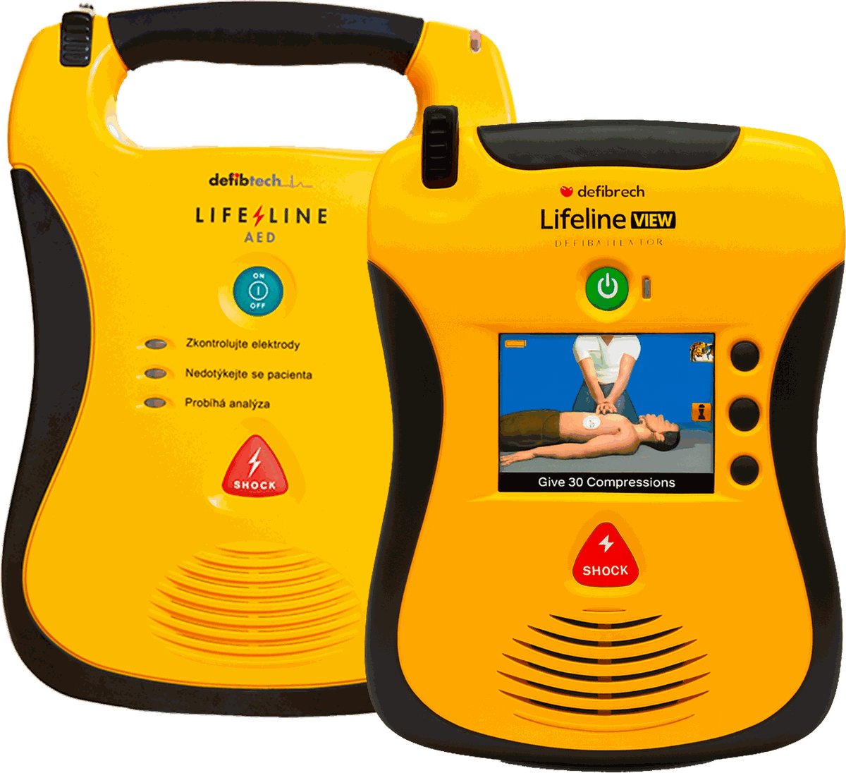 Dva žluté automatické externí defibrilátory Defibtech Lifeline s červeným tlačítkem výboje